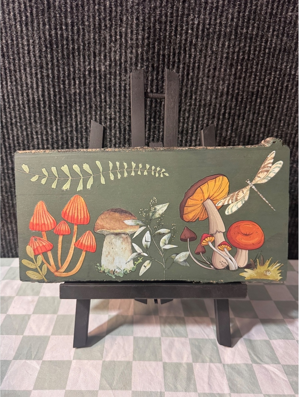 Mushroom and Dragonfly Wood Art Panel with Stand